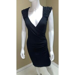 Cache Black Bodycon Dress Ruffle Shoulder Ruched Sexy Lowcut Wrap Style Womens S